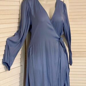 Socialite Blue Wrap Tie Front Dress with Bishop Sleeves